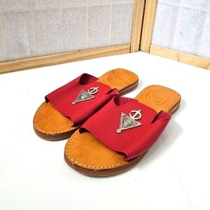 Red Leather Moroccan Flat Sandals with Silver Accents